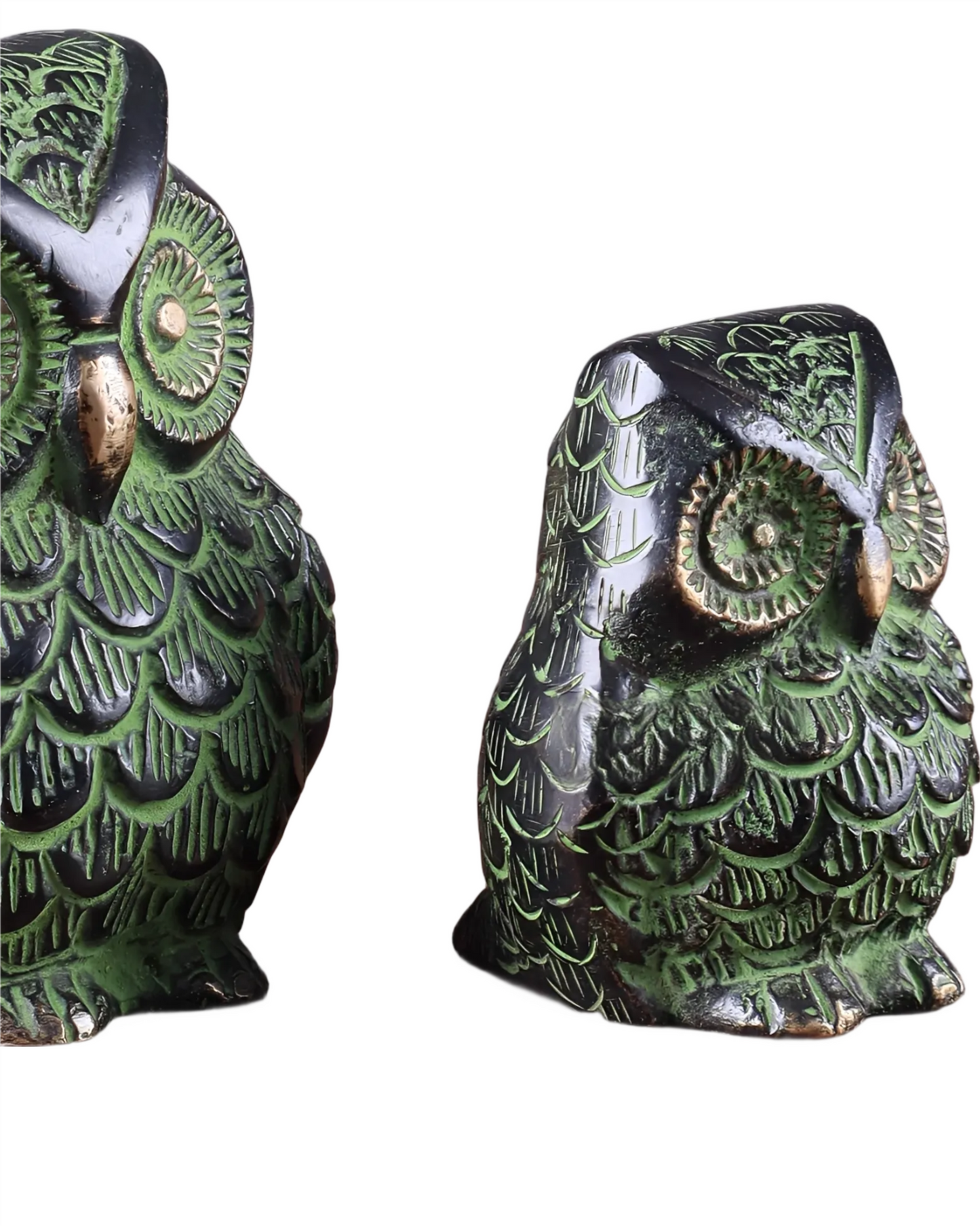 Brass Owl Showpieces (Pair) – Height 3.5 in & 2.5 in, Total Weight 900 g – Black & Green Tone