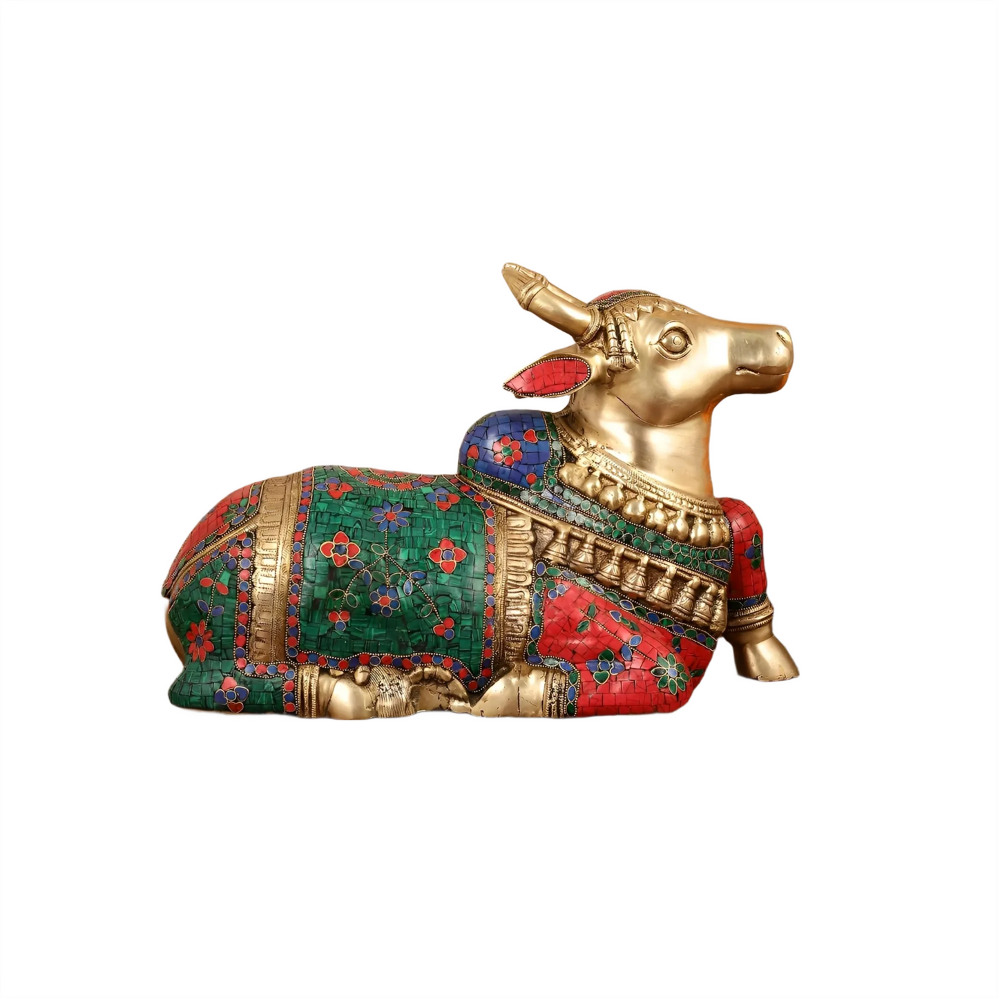 Brassaura™ Brass Nandi Idol with Stonework – Height 13.5 Inches & Weight 20 Kgs | Traditional Temple Decor