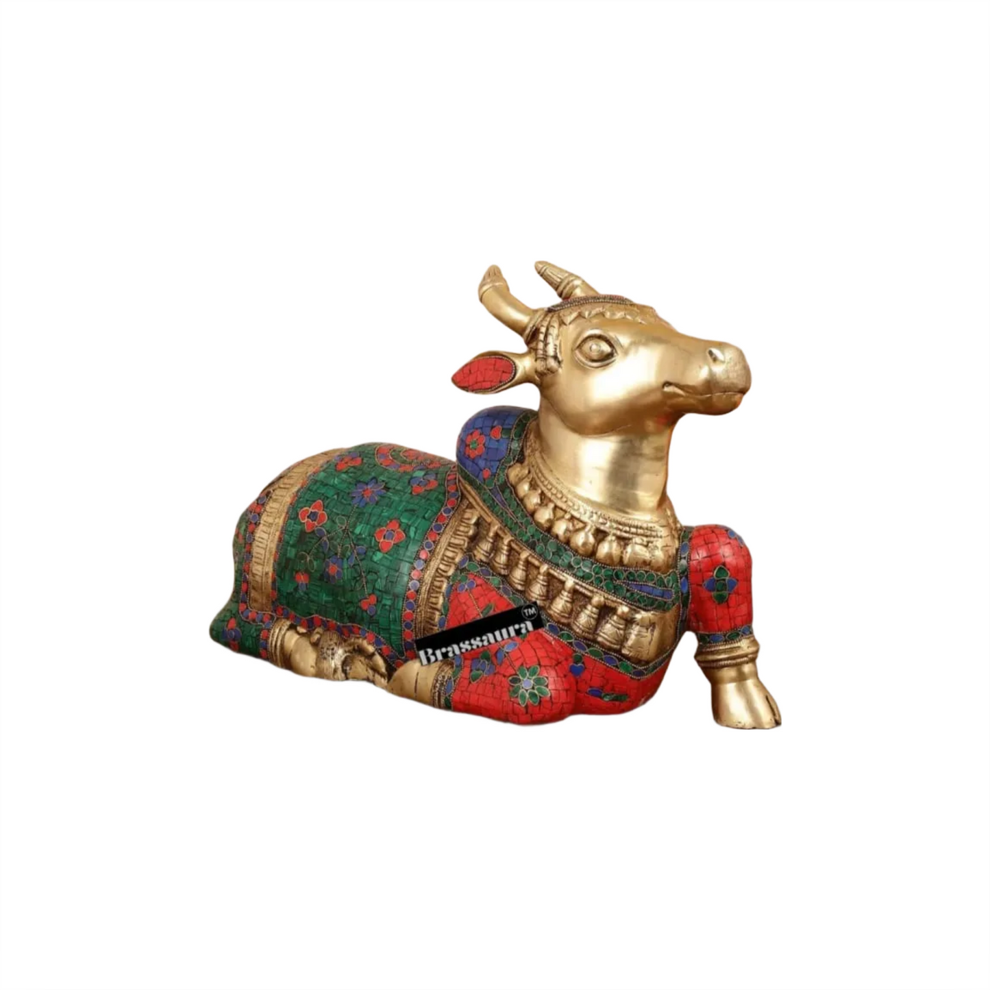 Brassaura™ Brass Nandi Idol with Stonework – Height 13.5 Inches & Weight 20 Kgs | Traditional Temple Decor
