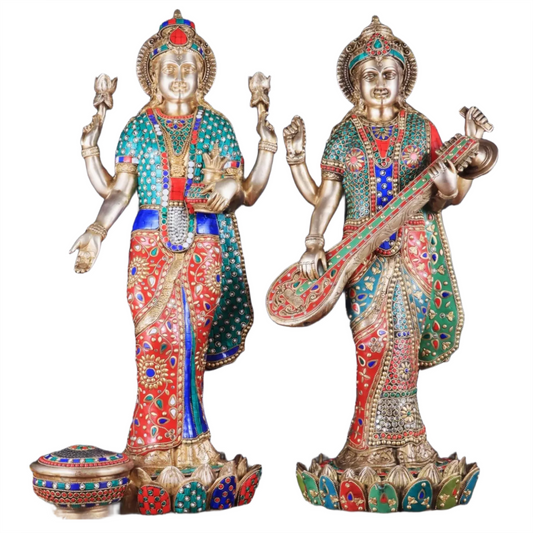 Brassaura™ Brass Gem Stone Work Goddess Laxmi Murti – Height 25 Inches & Weight 34 Kgs | Home & Temple Idol