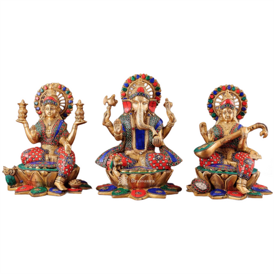 Brassaura™ Brass Gem Stone Work Laxmi Ganesha Saraswati Murti – Height 12 Inches & Weight 19 Kgs | Divine Trio Idol