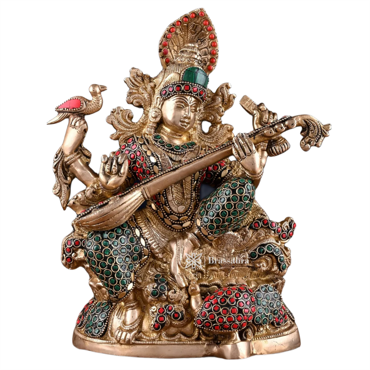 Brass Gem Stone Work Saraswati for Home and Decor Height 11 Inches & Weight 6.5 Kgs
