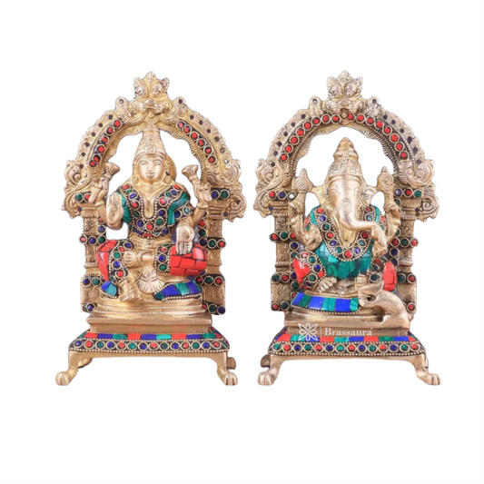 Brassaura™ Artistic Brass Gem Stone Work Laxmi Ganesh Statue – Height 8 Inches & Weight 4 Kgs | Spiritual Home Décor