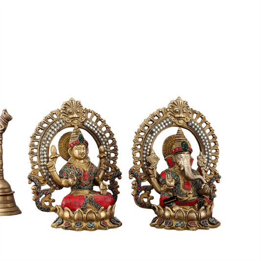 Brassaura™ Traditional Brass Gem Stone Work Laxmi Ganesha Murti – Height 9.5 Inches & Weight 6.8 Kgs | Home & Temple Idol