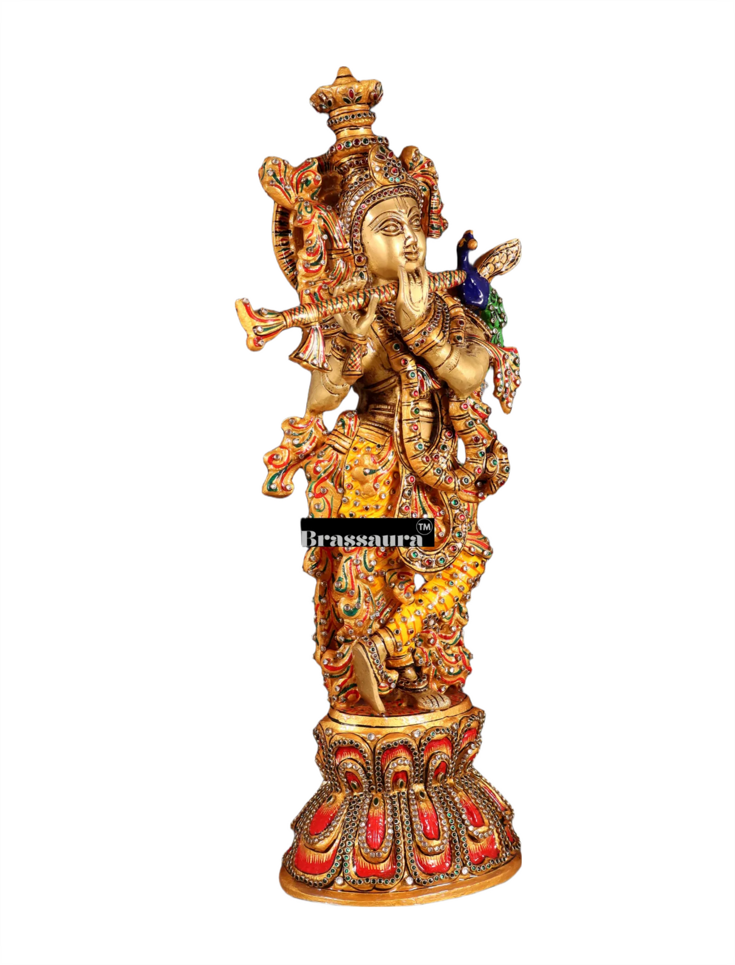 Brassaura™ Brass Krishna Statue with Natural Stones – Height 21" | Weight 9 Kgs