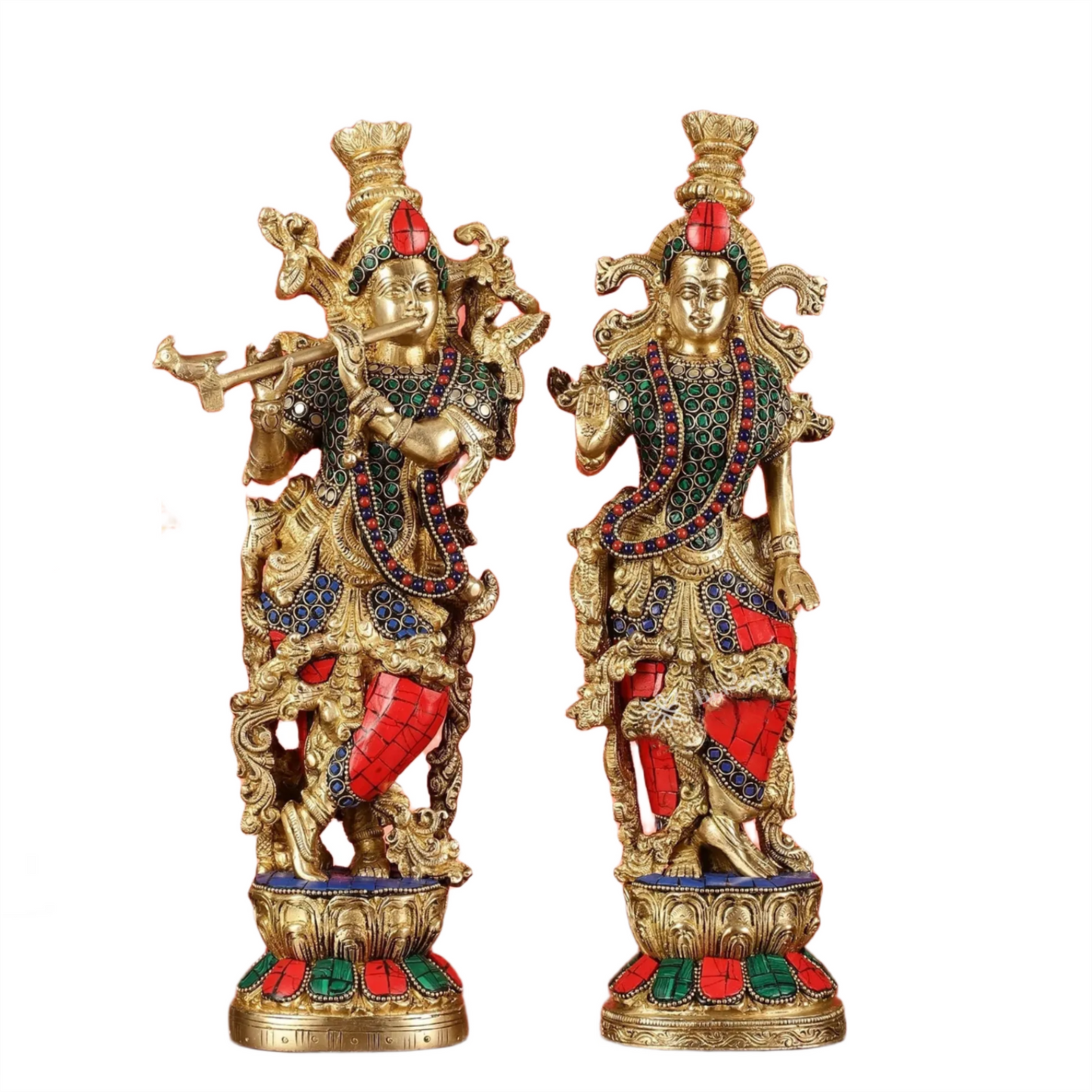 Brassaura™ Handcrafted Brass Radha Krishna Statue with Natural Stones – Height 14 Inches & Weight 8.5 Kgs | Elegant Devotional Idol