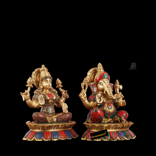 Brassaura™ Handcrafted Brass Gem Stone Work Laxmi Ganesha Murti – Height 11 Inches & Weight 14 Kgs | Devotional Idol