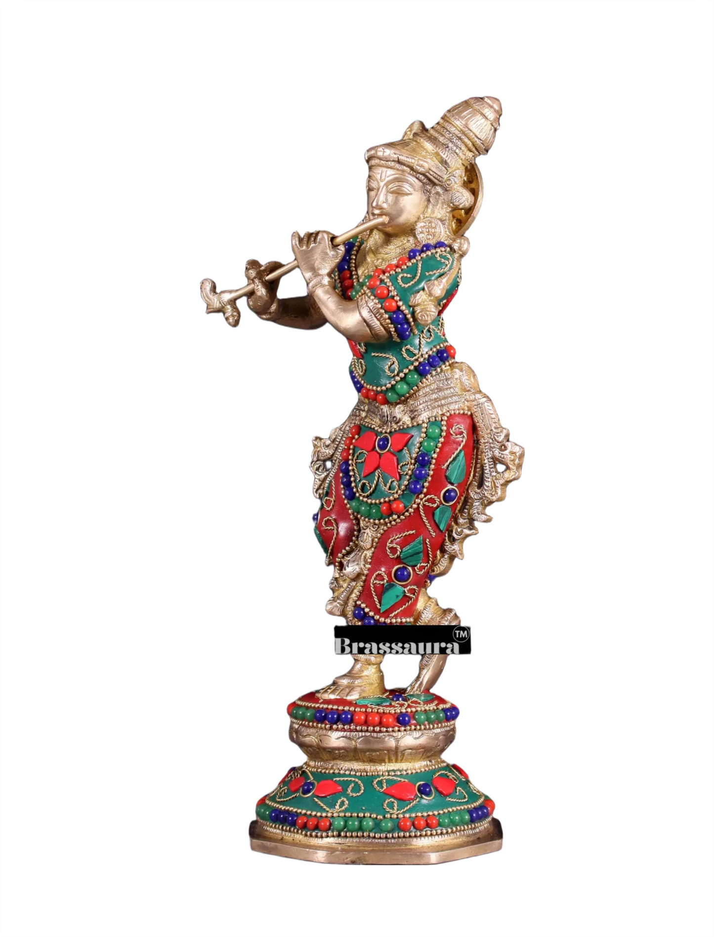 BrassAura™ Unique Brass Krishna Statue – Floral Stonework Design | Height 9.5 Inch | Weight 2 Kg
