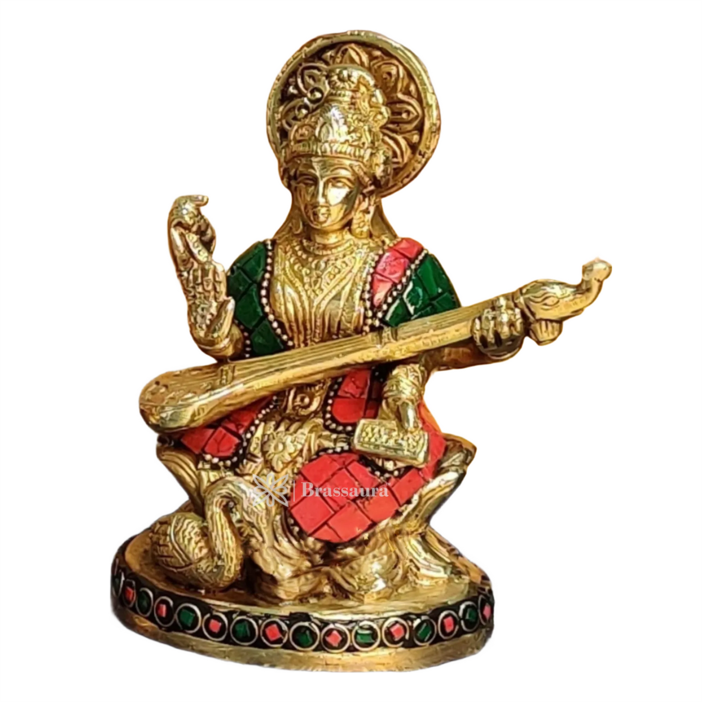 Brass Gem Stone Work Saraswati for Home and Decor Height 5.5 Inches & Weight 88 Grams