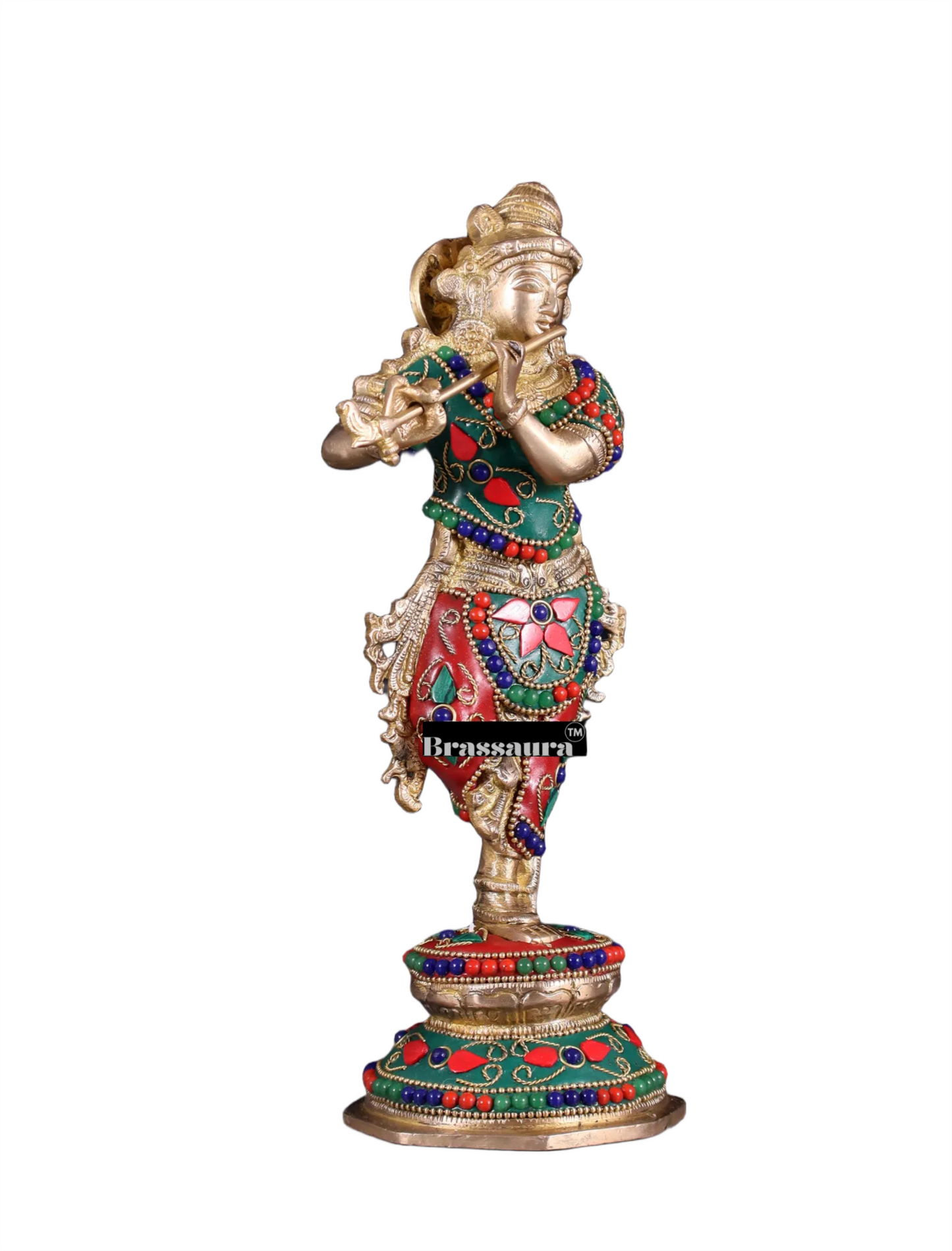 BrassAura™ Unique Brass Krishna Statue – Floral Stonework Design | Height 9.5 Inch | Weight 2 Kg