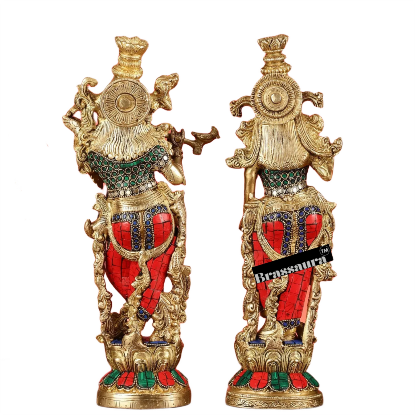 Brassaura™ Handcrafted Brass Radha Krishna Statue with Natural Stones – Height 14 Inches & Weight 8.5 Kgs | Elegant Devotional Idol