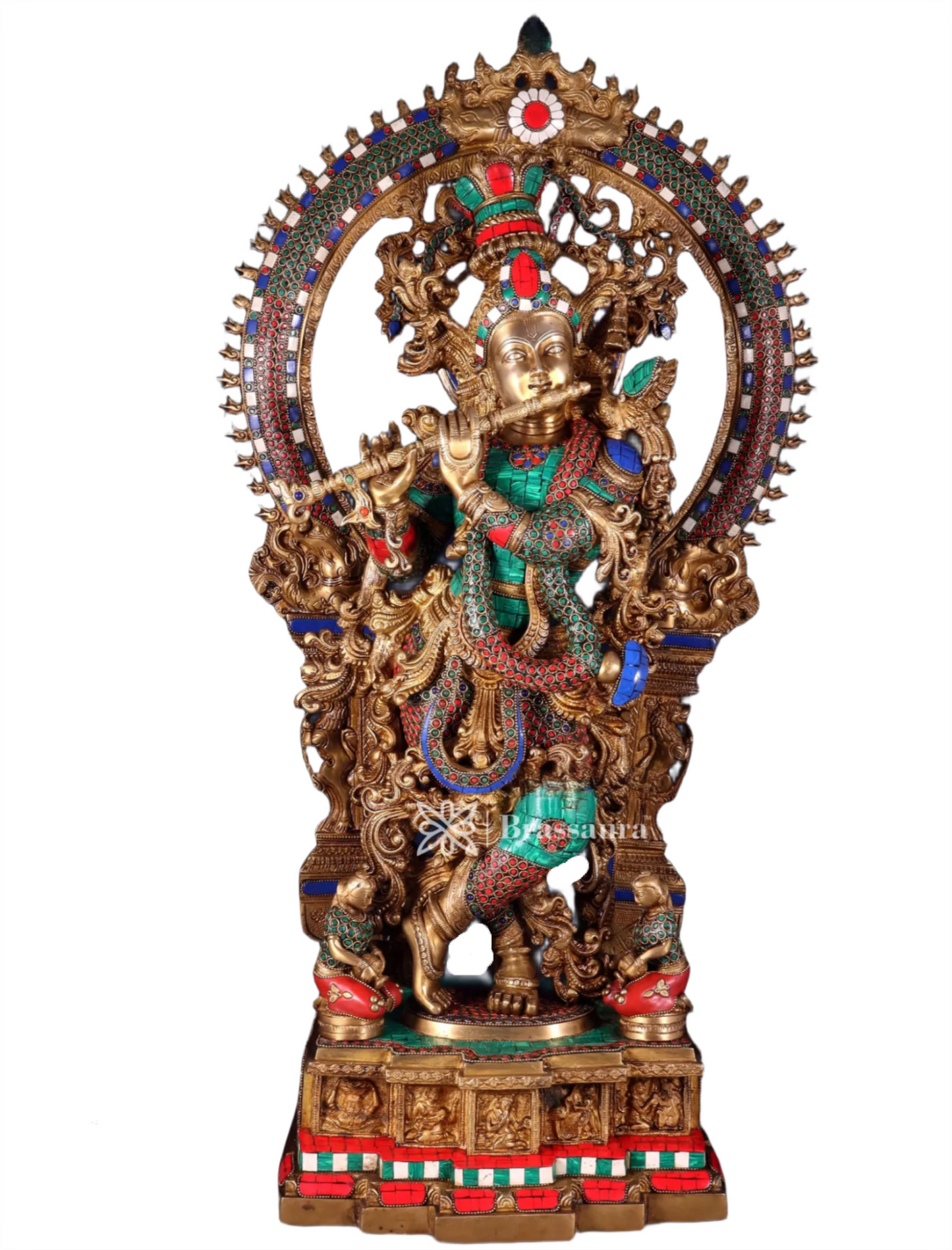 BrassAura™ Pure Superfine Brass Krishna Statue with Large Prabhavali Frame – Intricate Stonework | Height 33 Inch | Weight 35 Kg