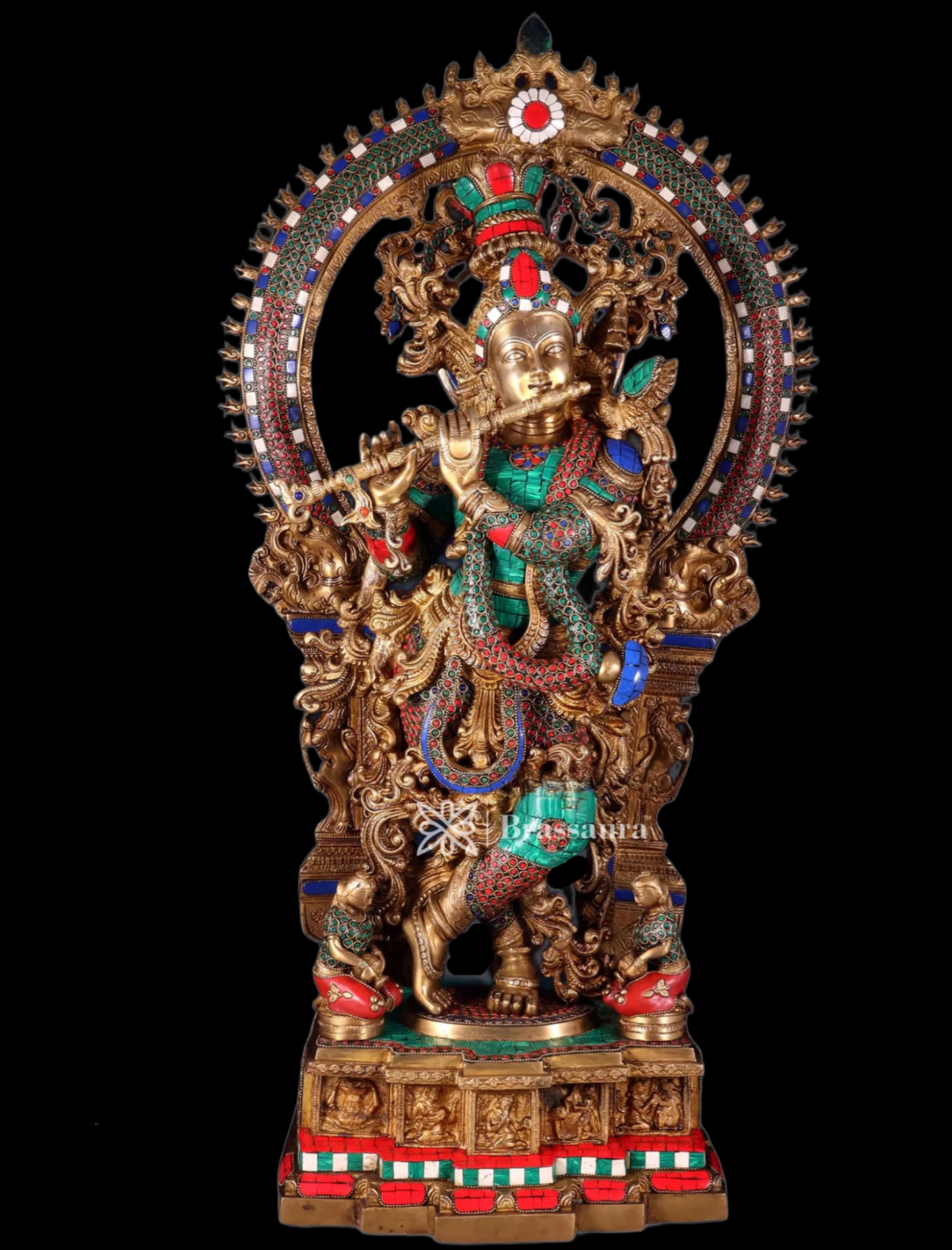 BrassAura™ Pure Superfine Brass Krishna Statue with Large Prabhavali Frame – Intricate Stonework | Height 33 Inch | Weight 35 Kg