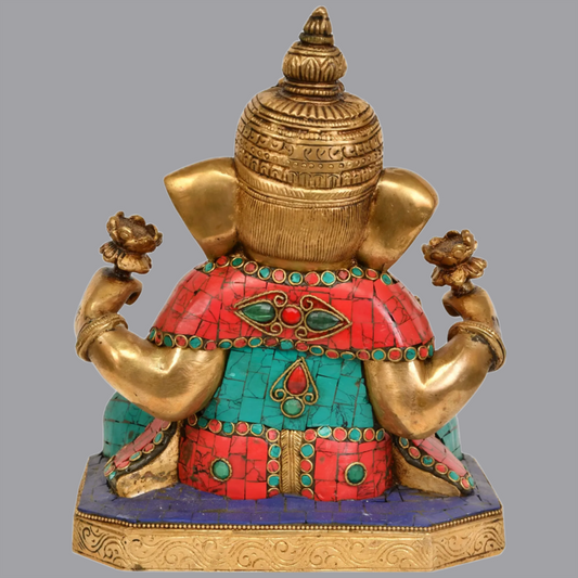 Brassaura® Lord Ganesha with Inlay Work | Brass Statue | Height 9 Inches | Weight 5.18 kgs