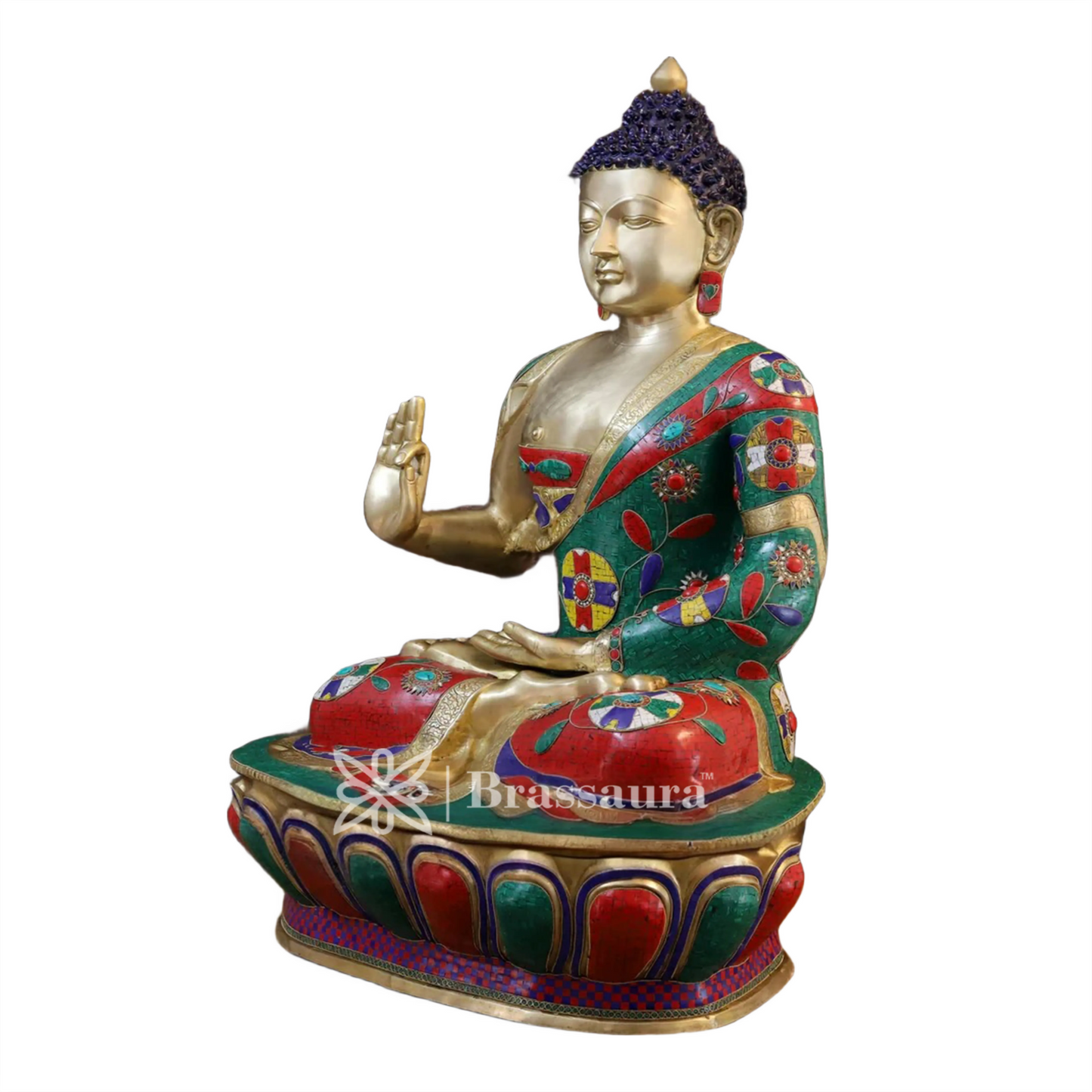 Brass Gem Stone Work Standing Buddha Weight 94.2 Kg Height 45.5 Inch