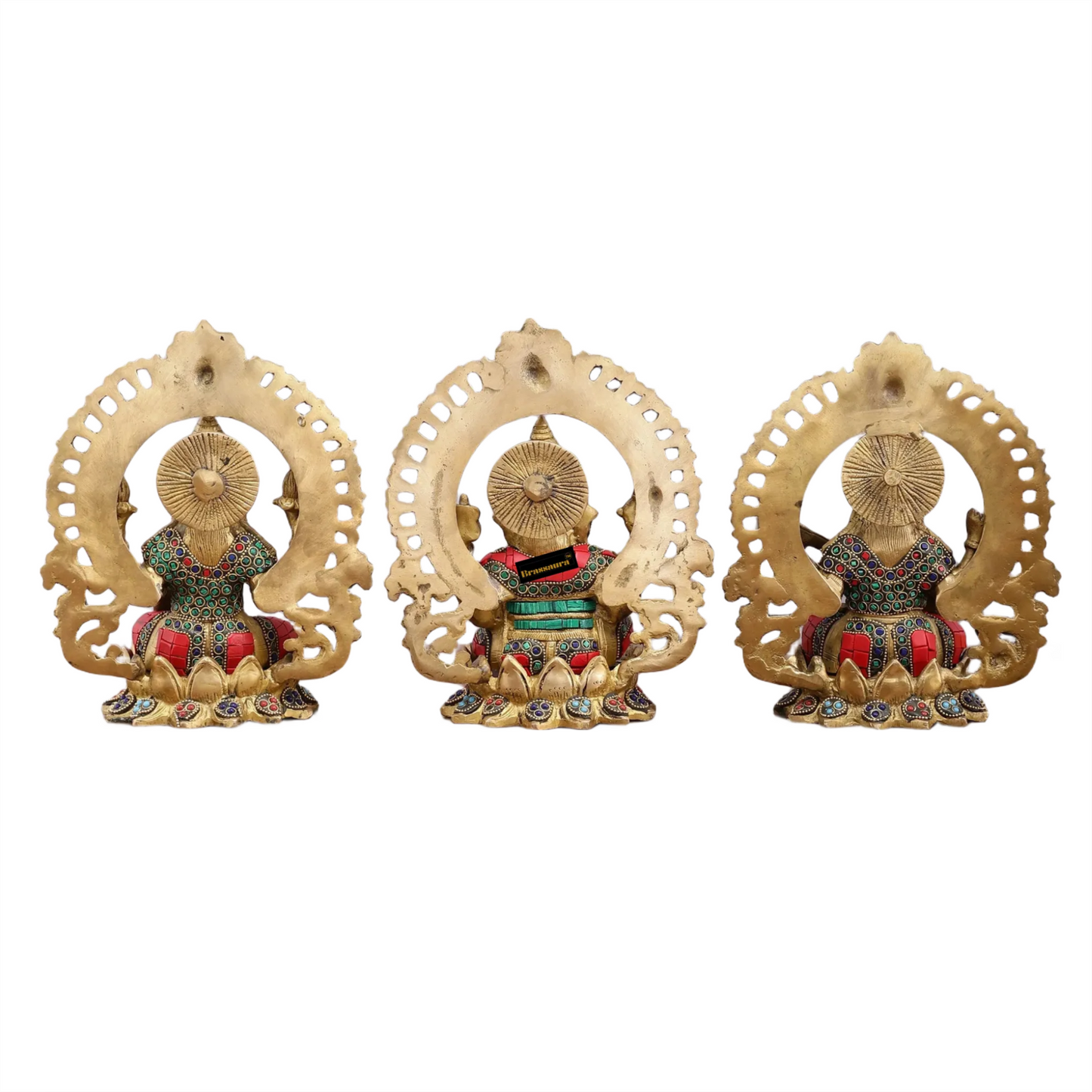 Brass Gem Stone Work Laxmi Ganesha Saraswati Murti for Home and Decor Height 9.5 Inches & Weight 10.2 Kgs