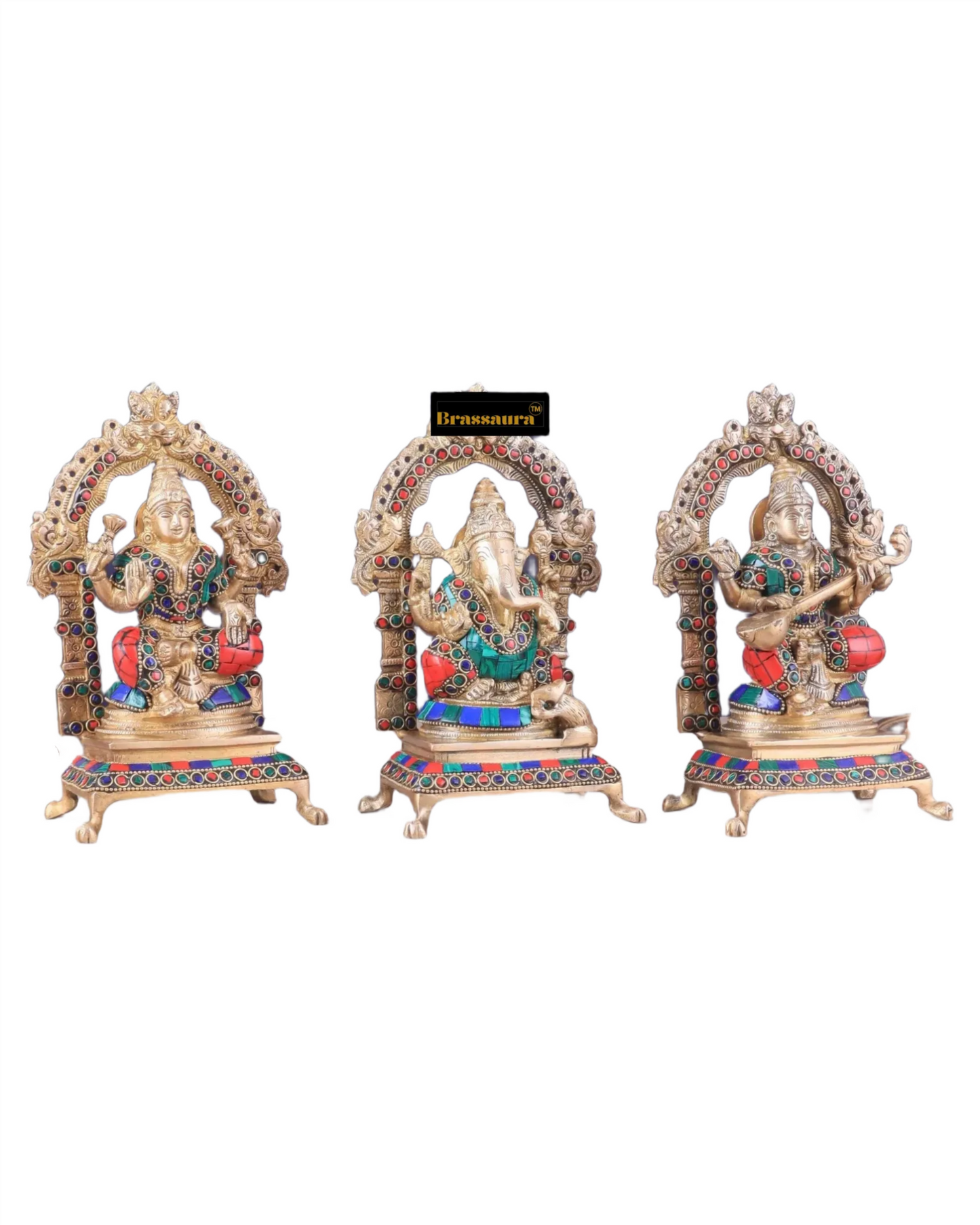 Brass Gem Stone Work Laxmi Ganesha Saraswati Murti for Home and Decor Height 8 Inches & Weight 6 Kgs
