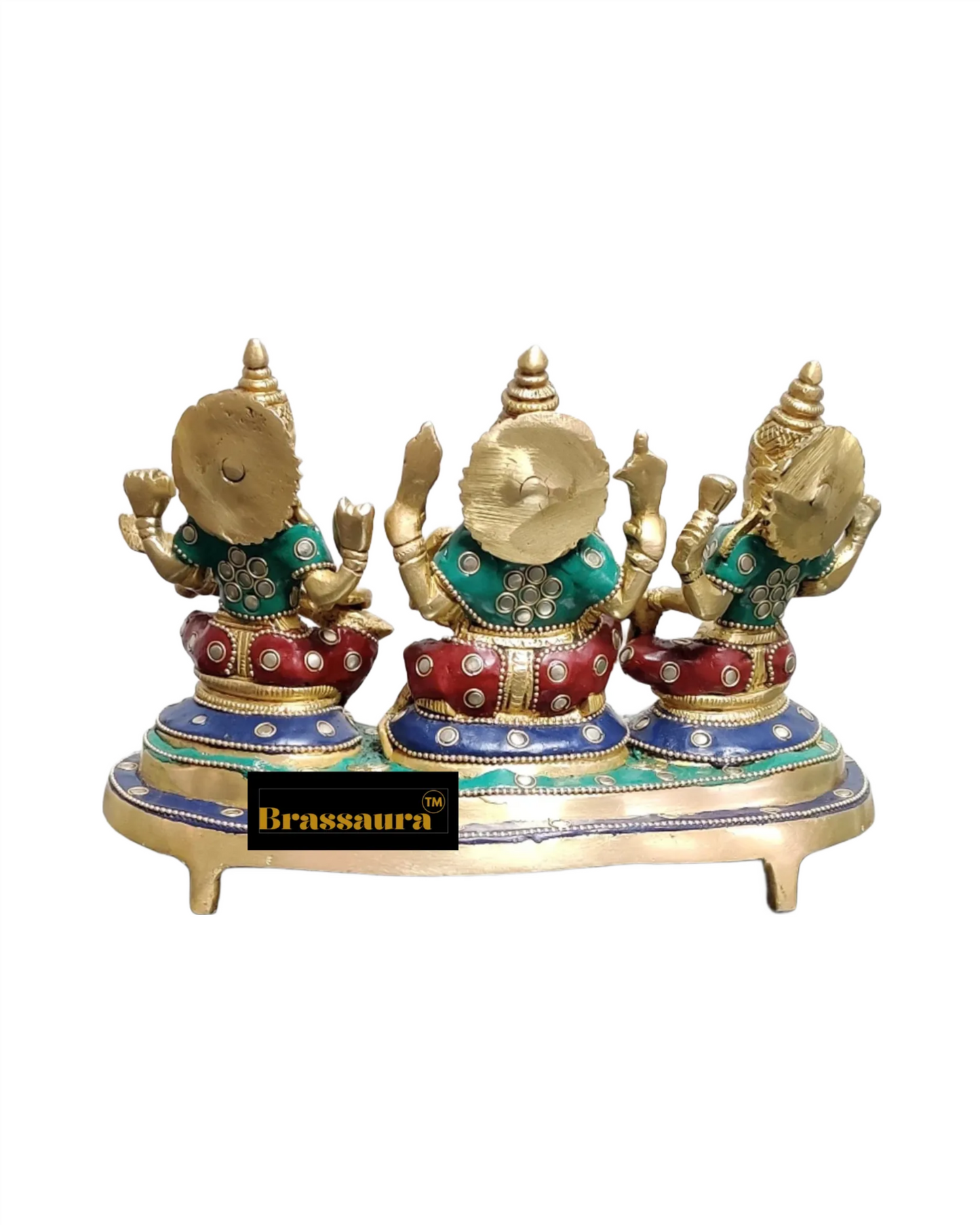 Brass Gem Stone Work Laxmi Ganesha Saraswati Murti for Home and Decor Height 6.5 Inches & Weight 3 Kgs