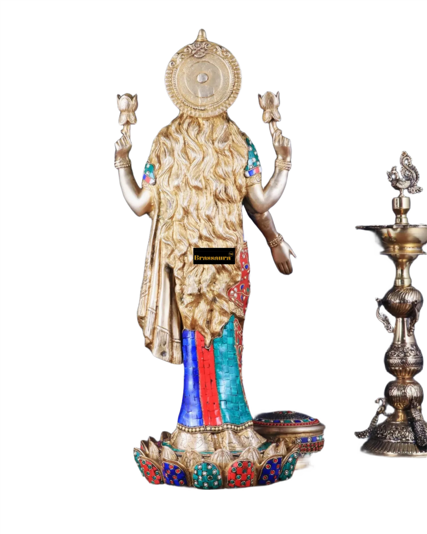 Brass Gem Stone Work Laxmi Mata for Home and Decor Height 25 Inches & Weight 17 Kgs