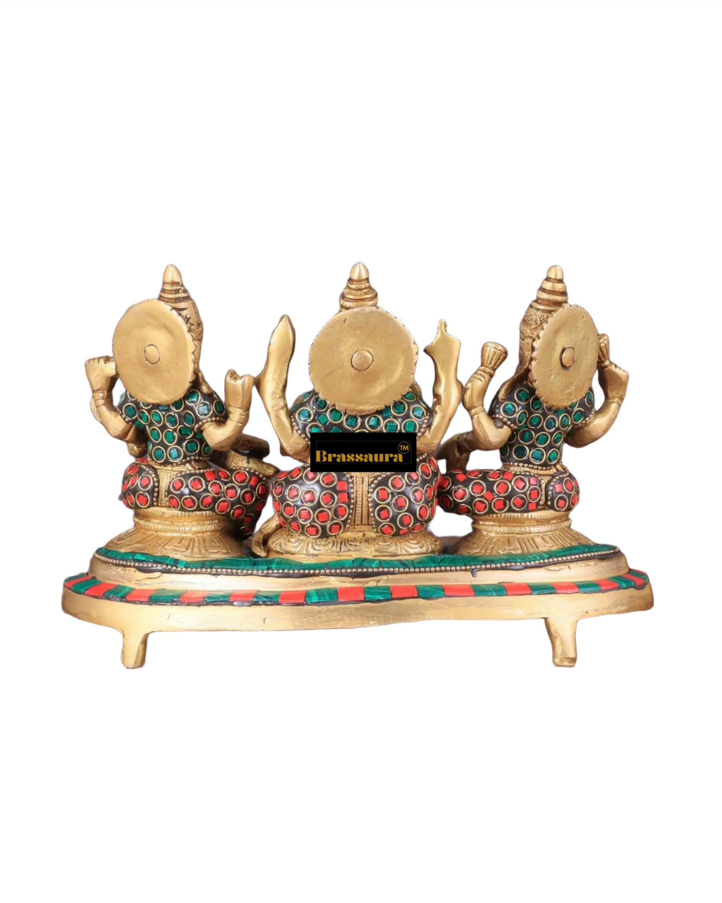 Brass Gem Stone Work Laxmi Ganesha Saraswati Murti for Home and Decor Height 6.2 Inches & Weight 3 Kgs