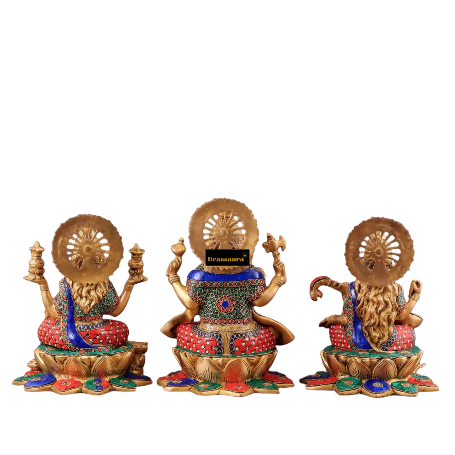 Brass Gem Stone Work Laxmi Ganesha Saraswati Murti for Home and Decor Height 12 Inches & Weight 19 Kgs