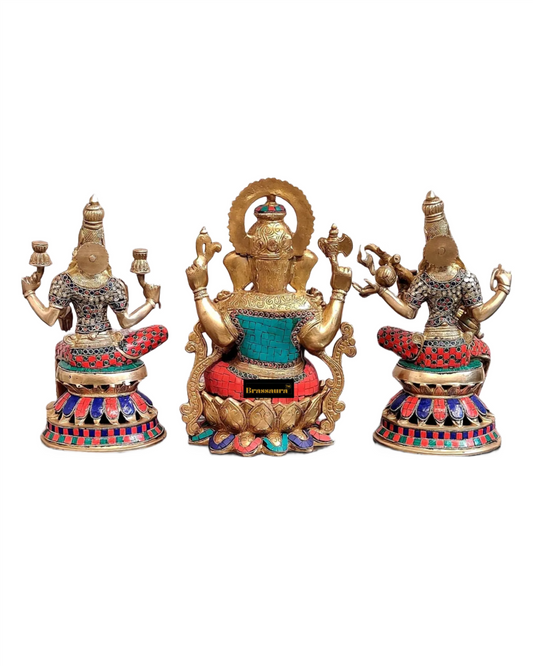 Brassaura® Lakshmi Ganesha Saraswati Idol Set with Gemstone Accents | Pure Superfine Brass Handcrafted Murti | Brass Statue for Home Temple, Pooja Room | Height 12 Inches | Weight 20 Kgs