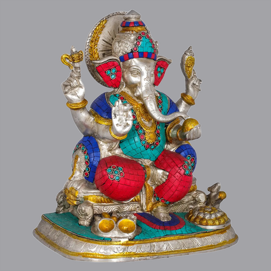 Brassaura® Puja Ganesha in Brass with Stone Inlay | Height 12 Inches | Weight 10.40 kgs