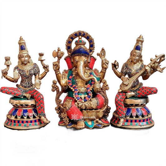 Brassaura™ Brass Gem Stone Work Laxmi Ganesha Saraswati Murti – Height 12 Inches & Weight 20 Kgs | Divine Home & Temple Décor