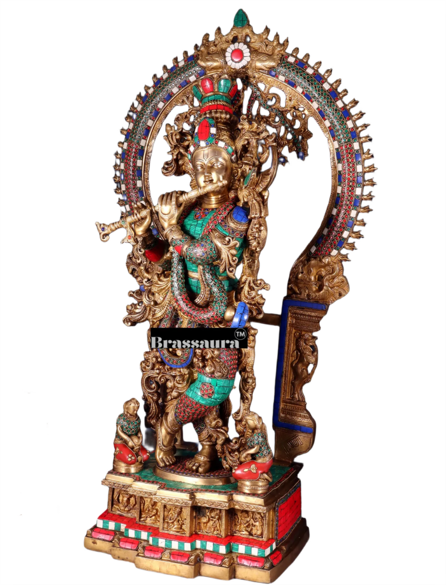 BrassAura™ Pure Superfine Brass Krishna Statue with Large Prabhavali Frame – Intricate Stonework | Height 33 Inch | Weight 35 Kg