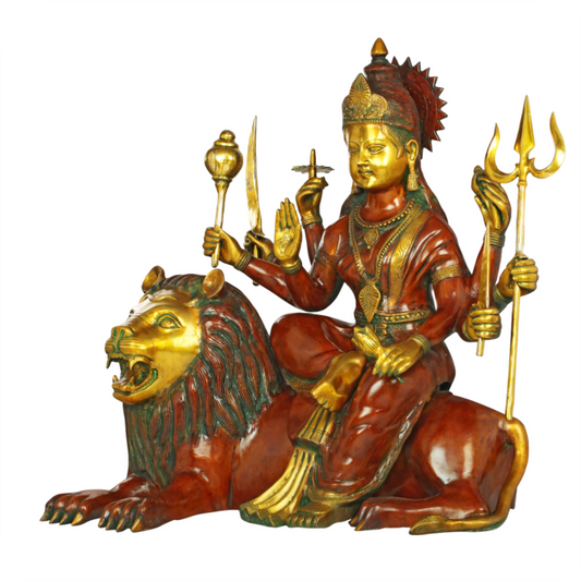 Brassaura® Maa Durga Seated on Lion | Pure Brass Sculpture | Height 33 Inches & Weight 67 kgs