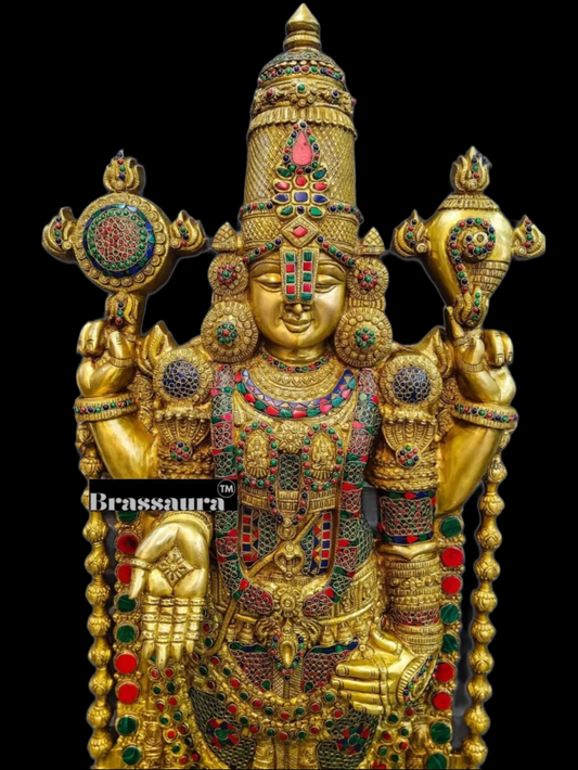 Brassaura™ Pure Brass Tirupati Balaji Idol with Stonework – 48 Inches, 49 Kgs