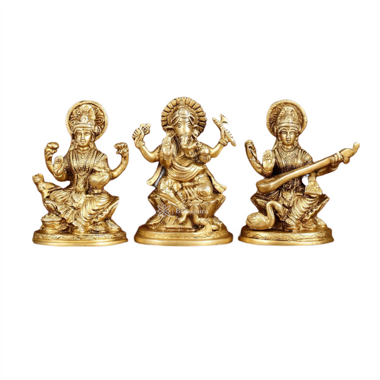 Brassaura™ Brass Antique Laxmi Ganesha Saraswati Idol – Height 5 Inches & Weight 3 Kgs | Puja Room Murti