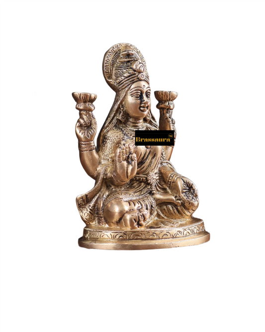 Brassaura™ Classic Brass Laxmi Statue – Height 6 Inches & Weight 1.3 Kgs | Puja Room Idol
