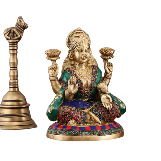 Brassaura™ Sacred Brass Gem Stone Work Laxmi Idol – Height 8 Inches & Weight 3.2 Kgs | Hindu God Statue