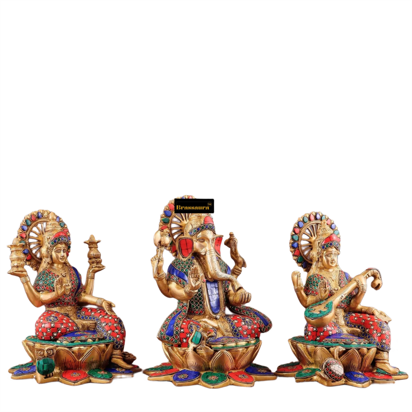 Brass Gem Stone Work Laxmi Ganesha Saraswati Murti for Home and Decor Height 12 Inches & Weight 19 Kgs