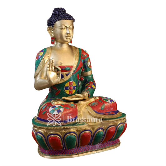 Brassaura® Brass Gem Stone Work Blessing Buddha Idol – Pure Superfine Brass Handcrafted Murti | Brass Statue for Home Temple, Pooja Room | Height 45.5 Inches | Weight 94.2 Kgs