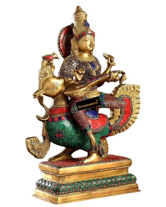 Brassaura™ Artistic Brass Gem Stone Work Saraswati Murti – Height 20 Inches & Weight 16 Kgs | Spiritual Home Accent