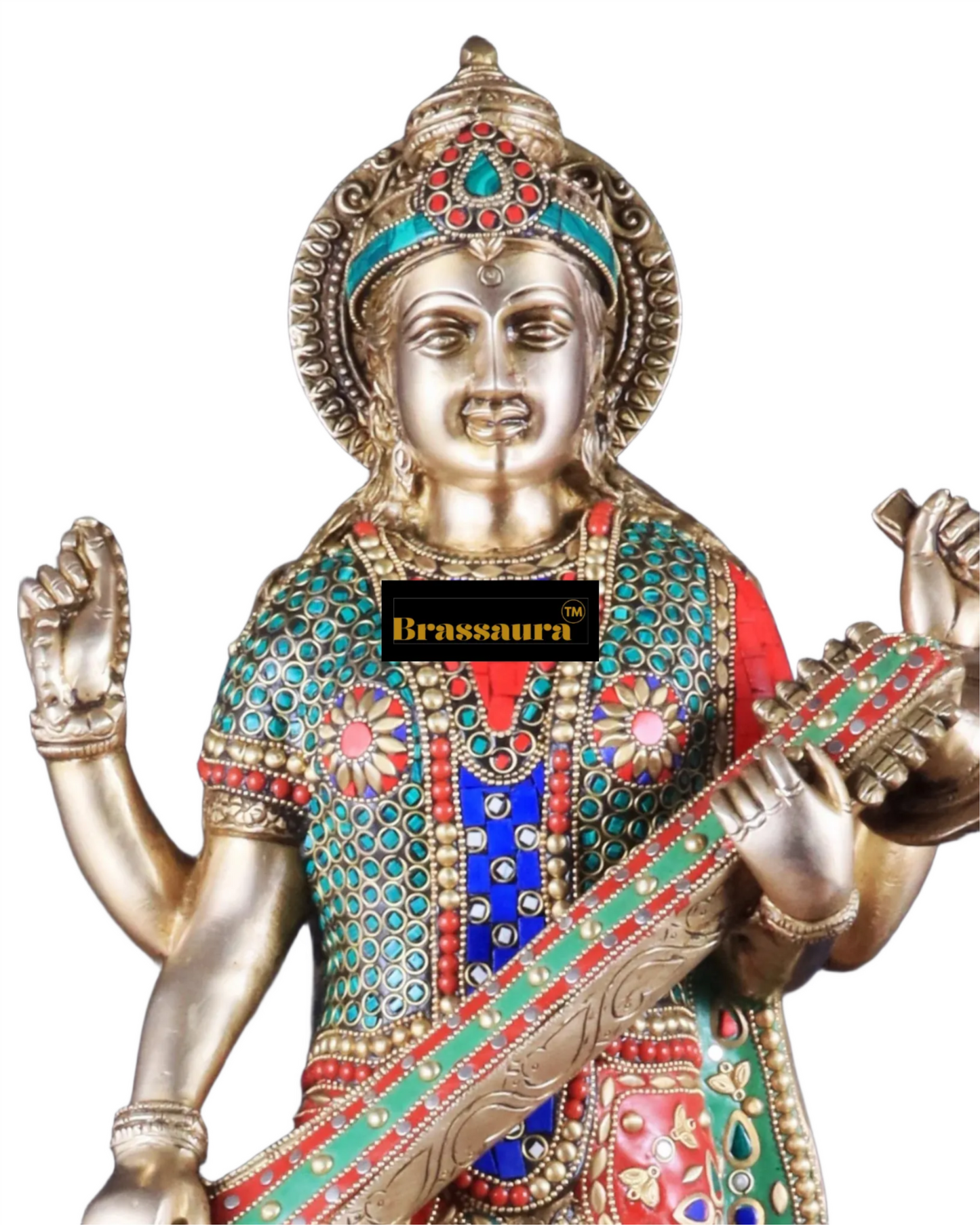 Brass Gem Stone Work Saraswati for Home and Decor Height 25 Inches & Weight 22 Kgs