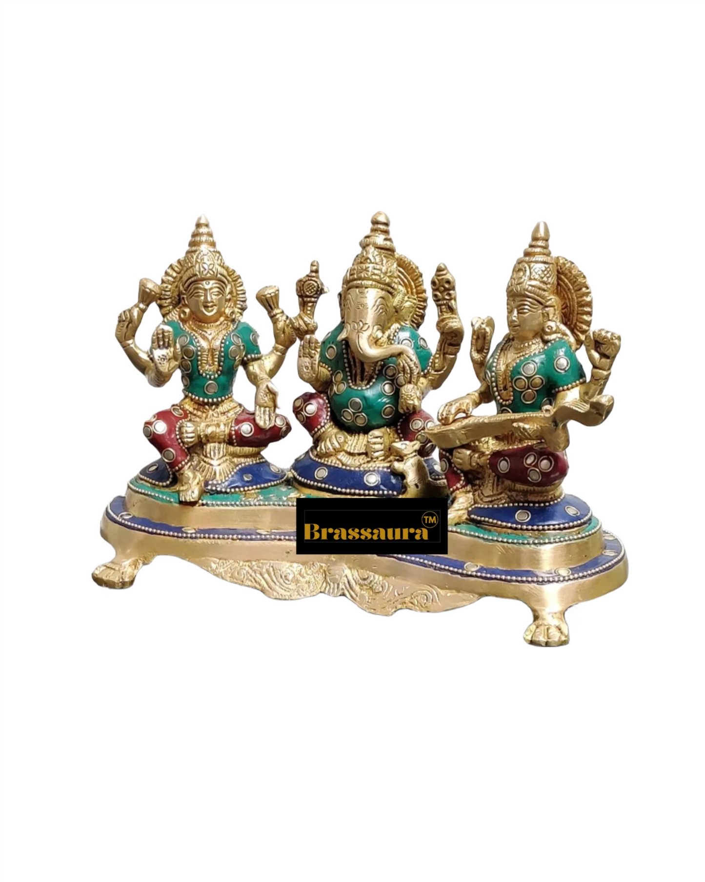 Brass Gem Stone Work Laxmi Ganesha Saraswati Murti for Home and Decor Height 6.5 Inches & Weight 3 Kgs