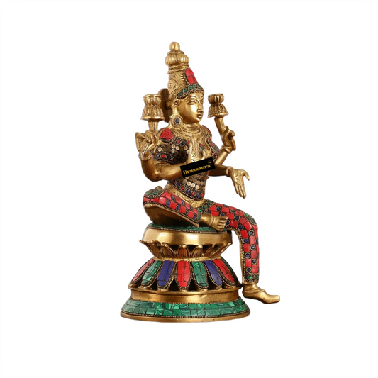 Brassaura™ Artistic Brass Gem Stone Work Laxmi Idol – Height 12 Inches & Weight 4.5 Kgs | Spiritual Hindu Idol