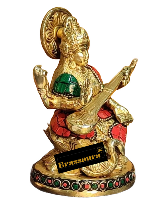 Brassaura™ Brass Gem Stone Work Saraswati Idol – Height 5.5 Inches & Weight 0.88 Kgs | Hindu Goddess Statue