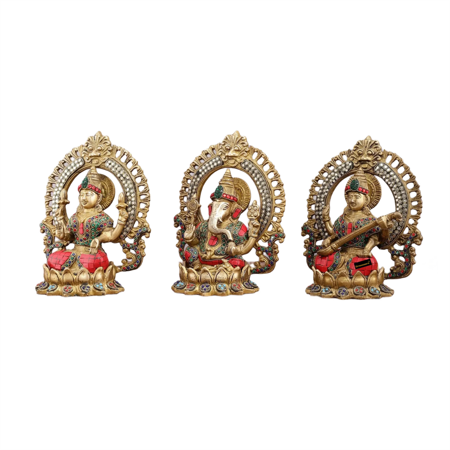 Brass Gem Stone Work Laxmi Ganesha Saraswati Murti for Home and Decor Height 9.5 Inches & Weight 10.2 Kgs