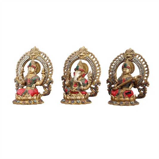 Brassaura® Brass Gem Stone Work Laxmi Ganesha Saraswati Murti – Height 9.5 Inches | Divine Home & Temple Décor