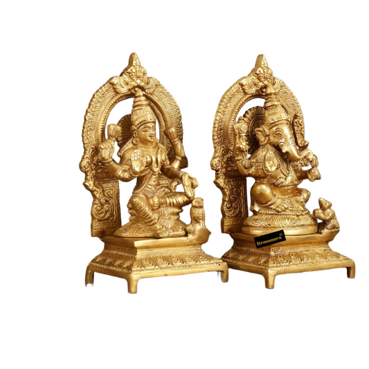 Brassaura® Handcrafted Brass Laxmi Ganesha Idol – Height 7 Inches | Puja Room Statue