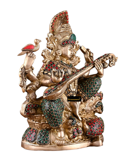 Brassaura™ Decorative Brass Gem Stone Work Saraswati Statue – Height 11 Inches & Weight 6.5 Kgs | Puja Room Idol