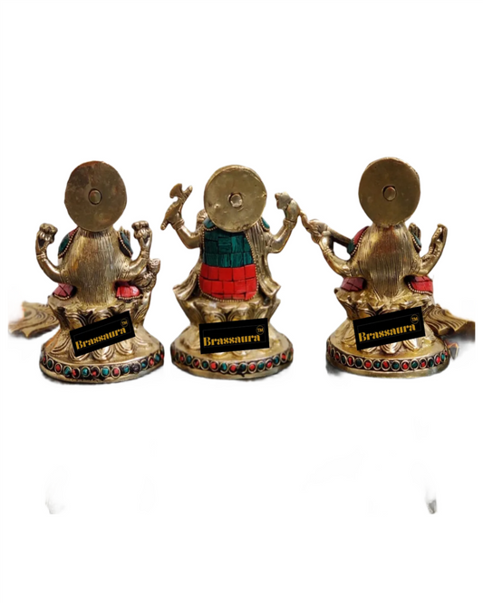 Brassaura® Lakshmi Ganesha Saraswati Idol Set with Gemstone Work | Pure Superfine Brass Handcrafted Murti | Brass Statue for Home Temple, Pooja Room | Height 5 Inches | Weight 3 Kgs