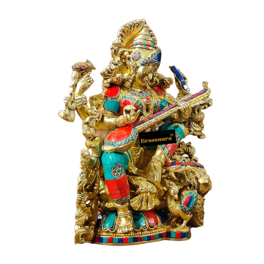 Brassaura™ Artistic Brass Gem Stone Work Saraswati Idol – Height 16 Inches & Weight 15 Kgs | Puja & Temple Décor