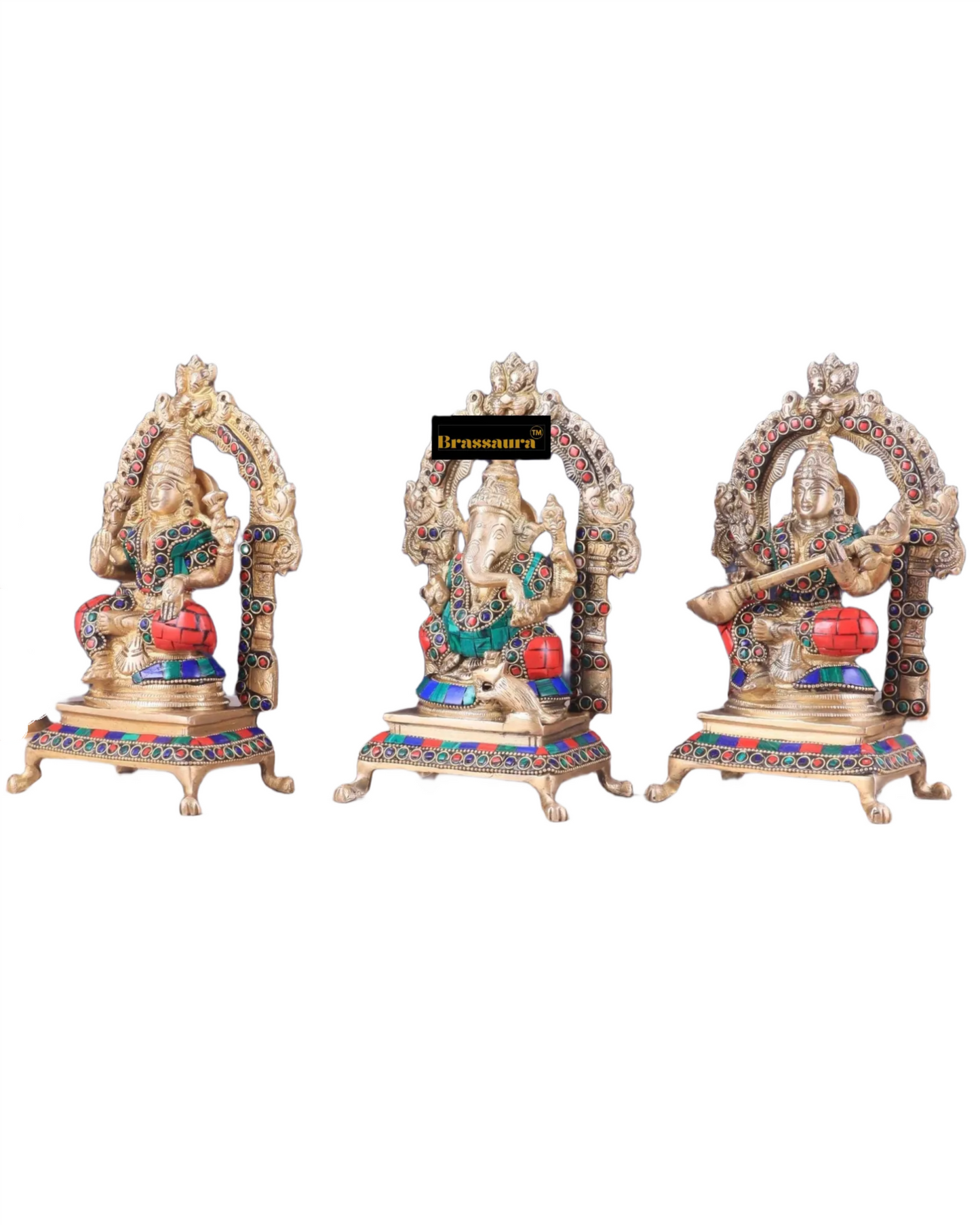Brass Gem Stone Work Laxmi Ganesha Saraswati Murti for Home and Decor Height 8 Inches & Weight 6 Kgs