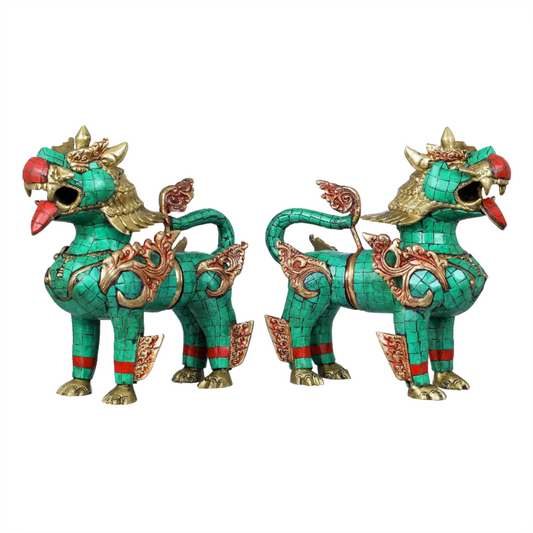 Brassaura® Pair of Tibetan Guardian Lions with Inlay Work | Pure Brass | Height 9 Inches & Weight 6.70 kgs