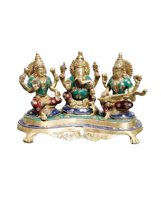 Brassaura™ Brass Gem Stone Work Laxmi Ganesha Saraswati Murti – Height 6.5 Inches & Weight 3 Kgs | Divine Trio Idol